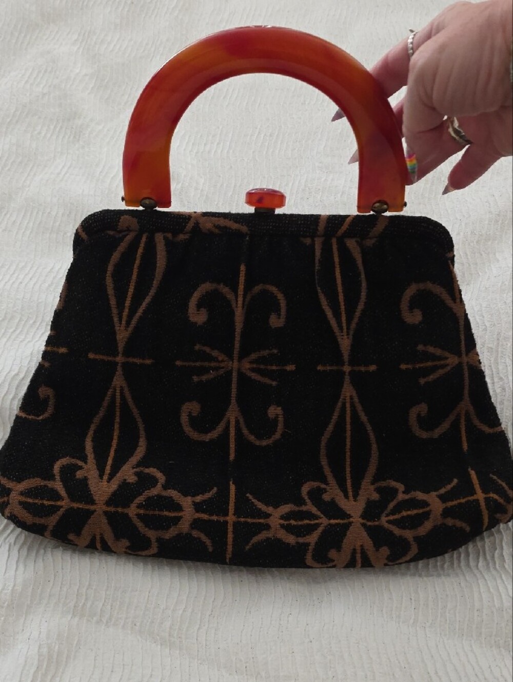 VINTAGE Ingber Black and Brown Patterned Wristlet Clutch with Amber Handle - Picture 7 of 12